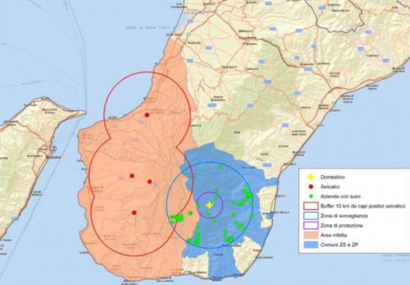 
Localização de novos surtos de PSA na região da Calábria, Itália (pontos vermelhos: surtos em javalis; cruz amarela: surto em granjas de suínos). Fonte: MAPA.