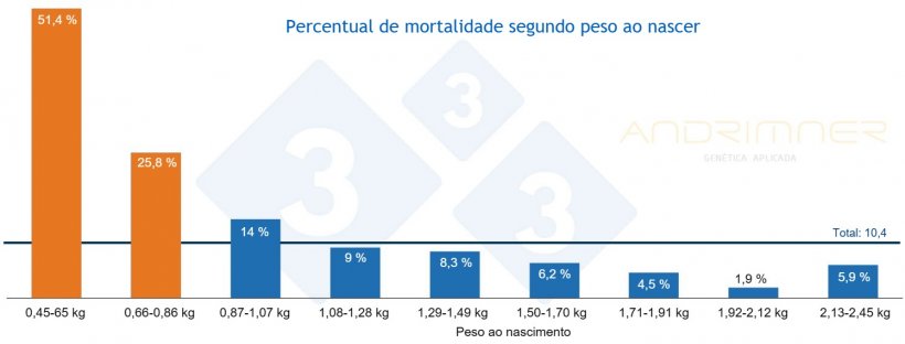 Gráfico 3. Percentual de mortalidade segundo peso ao nascer. Fonte: Javier Lorente. Granja comercial, 3.483 leitões pesados individualmente 2021.